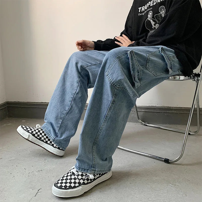 saferido Baggy Men Jeans Straight Cargo Pants Spring Autumn Fashion Vintage Blue Denim Trousers Casual Oversized Bottoms Male Y2K Clothes