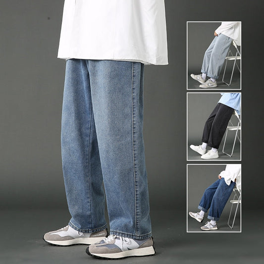 Street Casual Baggy Jeans Men's Korean Fashion Hip Hop Straight Wide Leg  Trousers Couple Denim Pants Black Light Blue