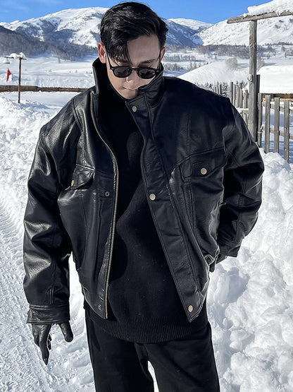 Autumn Winter Waterproof Windproof Oversized Thickened Warm Black Faux Leather Jacket Men Zip Up Casual Cool Fashion