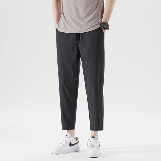 New Summer Men'S Casual Ice Silk Pants Korean Trend Loose Straight Tube Thin Harlan Trousers Quick Drying 9-Point Sweatpants