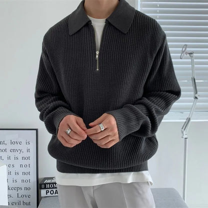 Lapel Sweater Autumn Winter Men Warm Fashion Casual Knit Pullover Loose Zipper Long Sleeve Sweater Male Jumper Clothes