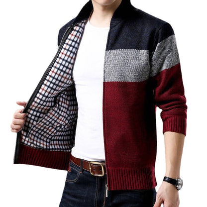 Spring Winter New Men's Cardigan Single-Breasted Fashion Knit  Plus Size Sweater Stitching Colorblock Stand Collar Coats Jackets