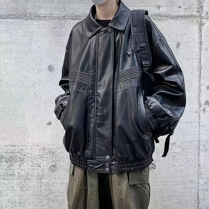 saferido Oversized VIntage Men's Leather Jackets PU Biker Coat Autumn Faux Leather Bomber Jacket 90s Big Pockets Windbreaker Overcoat