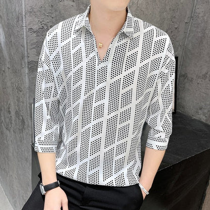 ngland Style Fashion Print Shirt Men Summer Men Three Quarter Sleeve Luxury Shirt Casual Loose Shirts