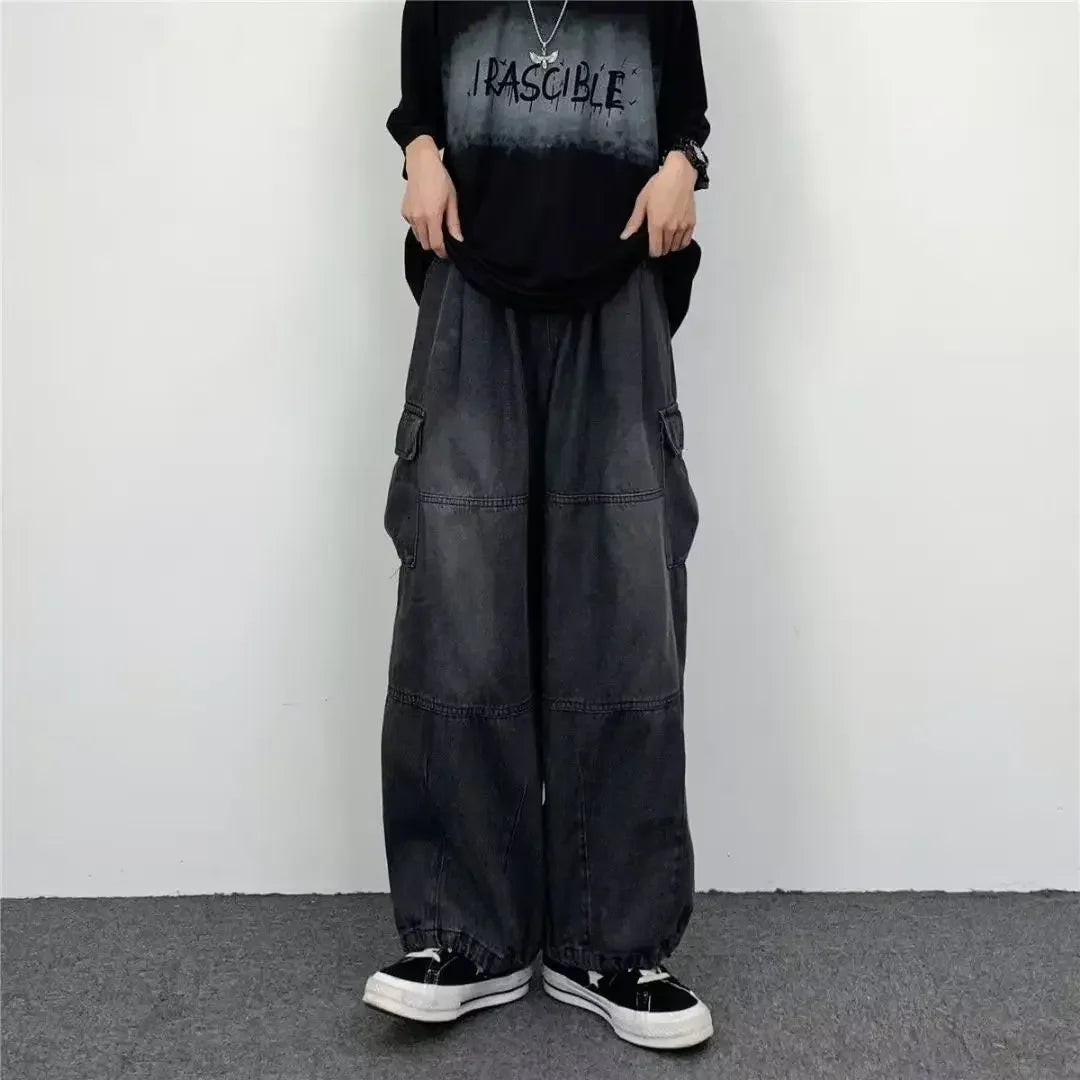 saferido Spring Autumn High Street Hip Hop Wide Leg Trousers Men's Straight Leg Loose Casual Big Pocket Jeans Men Bottom Male