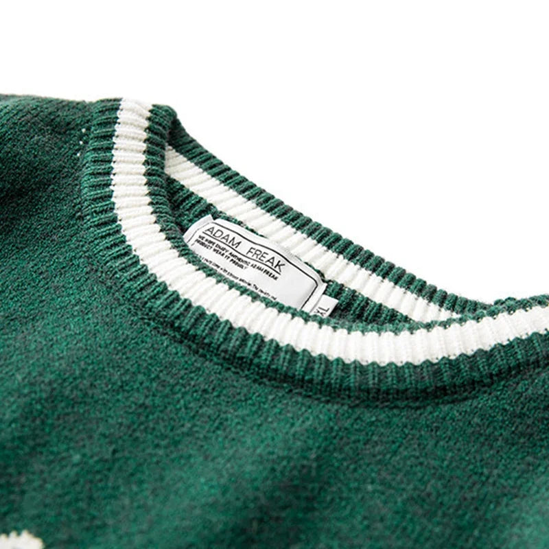 Vintage Knitted Sweater Men Green Letter Print Striped Pullover Women Harajuku College Style Jumpers Streetwear Spring Autumn