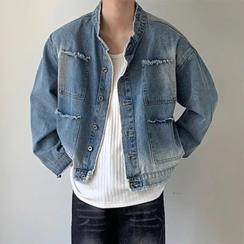 Mens Hip-hop Denim Jacket Gradient Rough Edge Shoulder Pads Cowboy Coat Single Breasted Short Fashion Casual Men Outwear New