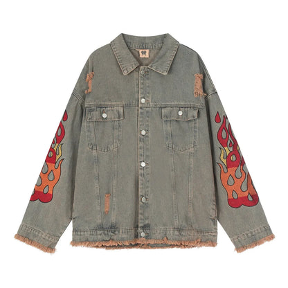 saferido Flame Embroidery Perforated Denim Coat Men's Spring and Autumn Street Fashion Brand Hip Hop Loose Couple Retro Jacket