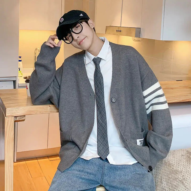 saferido Men Korean Clothes Hoodie with Pockets Striped Knitted Sweaters for Men Cardigan Jacket Coat Fun Korean Autumn Loose Fit Warm