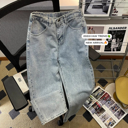 Spring New Men Baggy Jeans Korean Fashion Elastic Waist Classic Style Denim Ankle-Length Pants Neutral Wind Oversize Pants