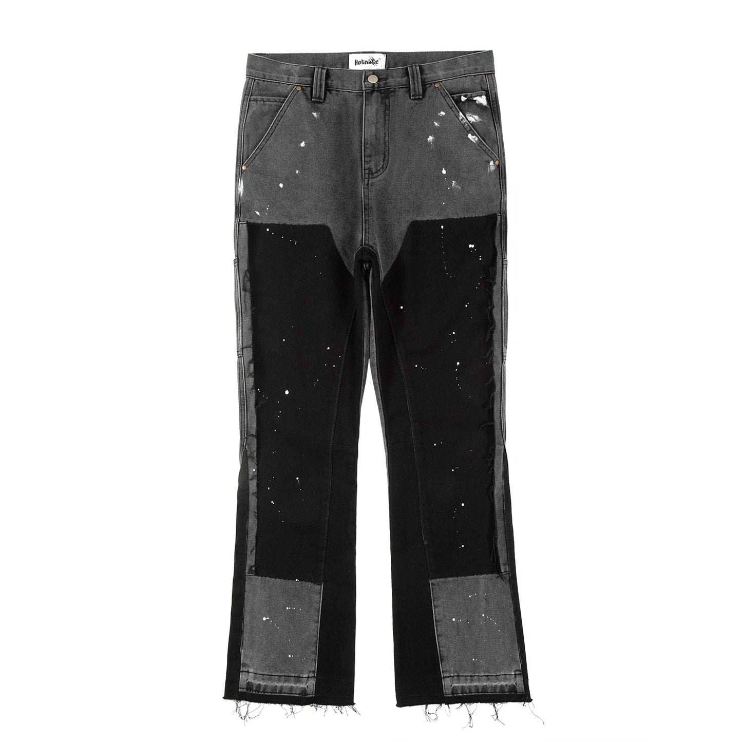 Graffiti Black Flared Denim Pants with Patches Hip Hop Splashed Ink Wide Leg Jeans Trousers Slim Fit Washed Jeans for Men