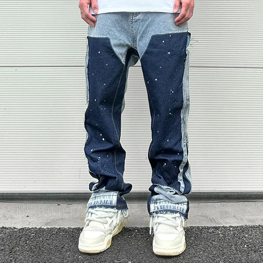 saferido Streetwear Speckled Ink Color Match Y2K Baggy Jeans for Men Patchwork Rage Fringe Micro Denim Trousers Oversized Loose Cargos