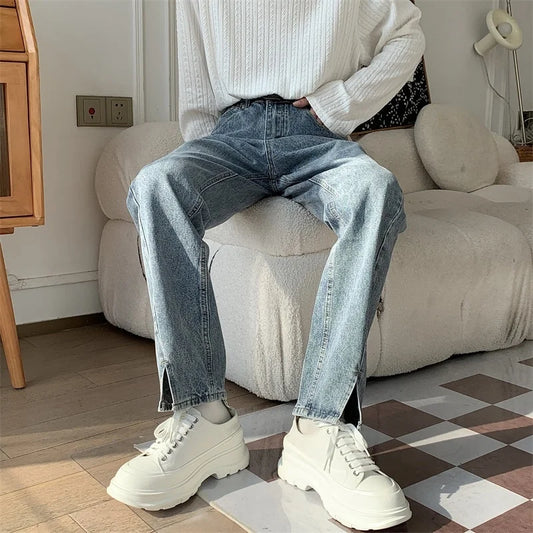 Korean Blue Jeans Men Slim Fit Fashion Casual Vintage Jeans Men Streetwear Hip-hop Straight Denim Pants Mens Trousers M-2XL