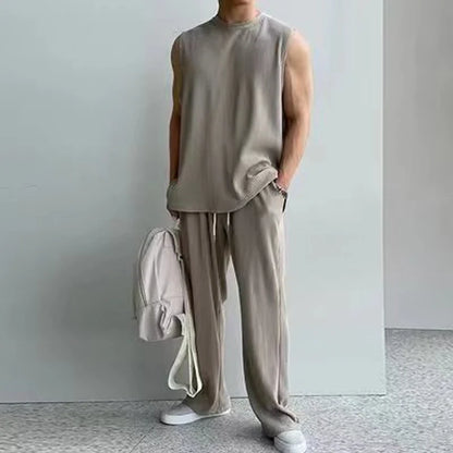 Fashion Solid Two Piece Suits Men‘s O-Neck Sleeveless Tops And Pants Outfits Men Summer New Casual Simplicity Solid Rib Sets