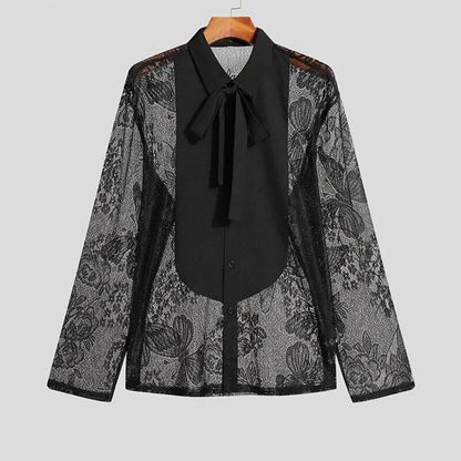 Tops American Style New Men Fashion Solid Ribbon Blouse Male Stitching Butterfly Lace Long Sleeve Thin Shirts S-5XL