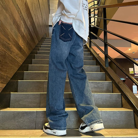 saferido Black/Blue Spring New Straight Jeans Men Women Wide Leg Denim Skateboard Trousers Fashion Boyfriend Pants Male