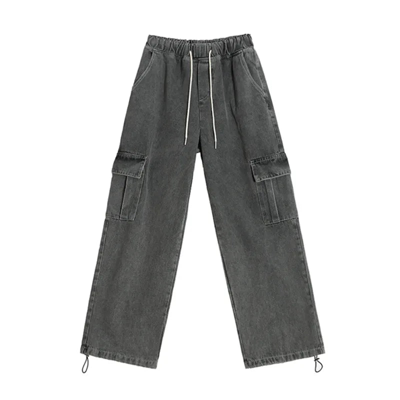 saferido 2024 Summer New Men's Cargo Pants Stylish Korean Style Retro Wide Leg Straight Jeans Pocket Decoration Loose Overalls