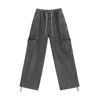 saferido 2024 Summer New Men's Cargo Pants Stylish Korean Style Retro Wide Leg Straight Jeans Pocket Decoration Loose Overalls