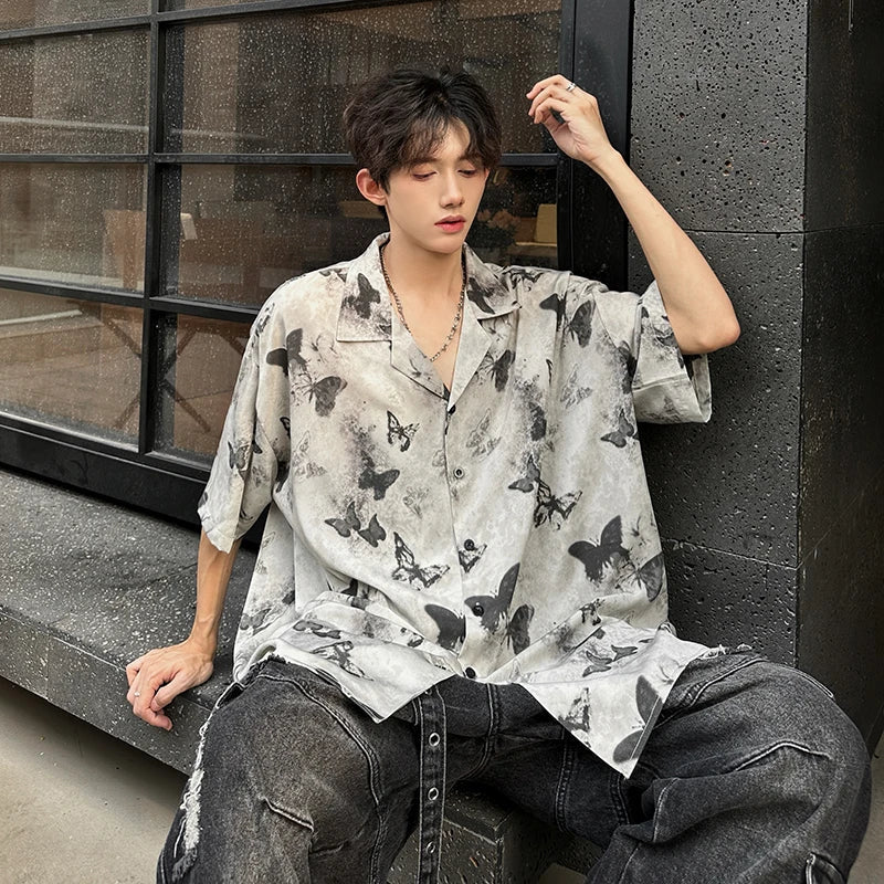 saferido Summer Butterfly Printed Tie-dye Shirt Men Windsor Collar Loose Casual Short Sleeve Shirts Oversize Streetwear Boy Girl Blouses