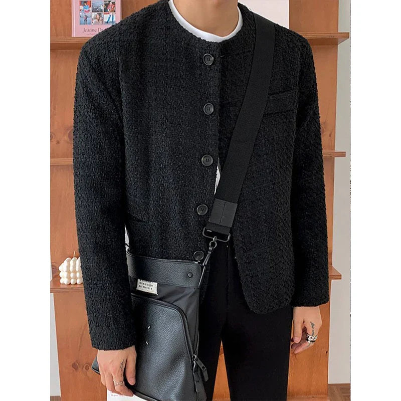 Men's Casual Luxury Jacket High Street Button Down O Neck Long Sleeve Solid Color Retro Texture Coat Autumn Korean New