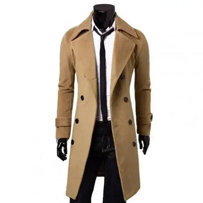 saferido Autumn Winter Men Long Trench Coat Double-breasted Solid Color Simple Mid-Length Windproof Thick British Fashion Slim Jacket