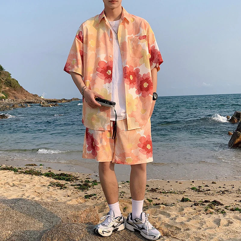 Summer Men Shorts Set Matching Shirts Letter Striped Floral Printing Outfits Short Sleeve Elastic Waist Thin Oversize Suit Man