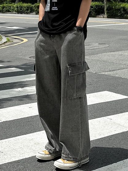 saferido 2024 Summer New Men's Cargo Pants Stylish Korean Style Retro Wide Leg Straight Jeans Pocket Decoration Loose Overalls