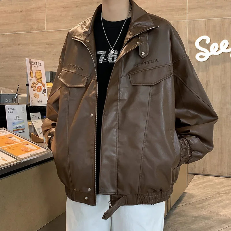 saferido American PU Jacket Men's Embroidered Street Pilot Motorcycle Suit Hiphop Trendy Brand Loose Oversized Ruffian Handsome Top