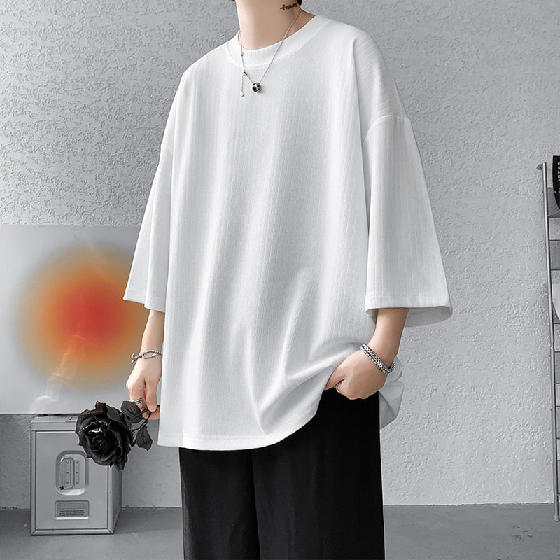 High Quality Men Oversized Ice Silk T Shirts  Summer Mens Half Sleeve Fashions Harajuku T-Shirt Male Solid Simple Daily Tees