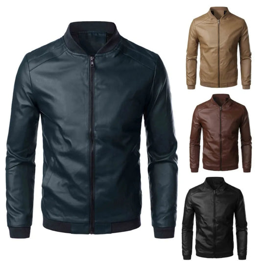 Men's Leather Jacket Fashion Motorcycle Slim Fit PU Leather Stand Collar Jacket