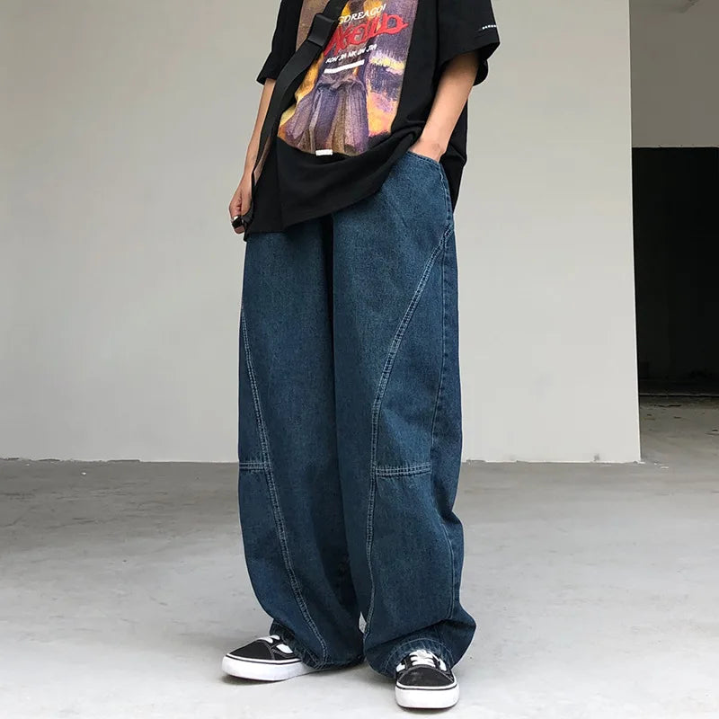 saferido New Wide Leg Pants Men's Fashion Baggy Solid Color Stitching Trousers Harajuku Casual Loose Oversize Jeans Men Clothing Y2K