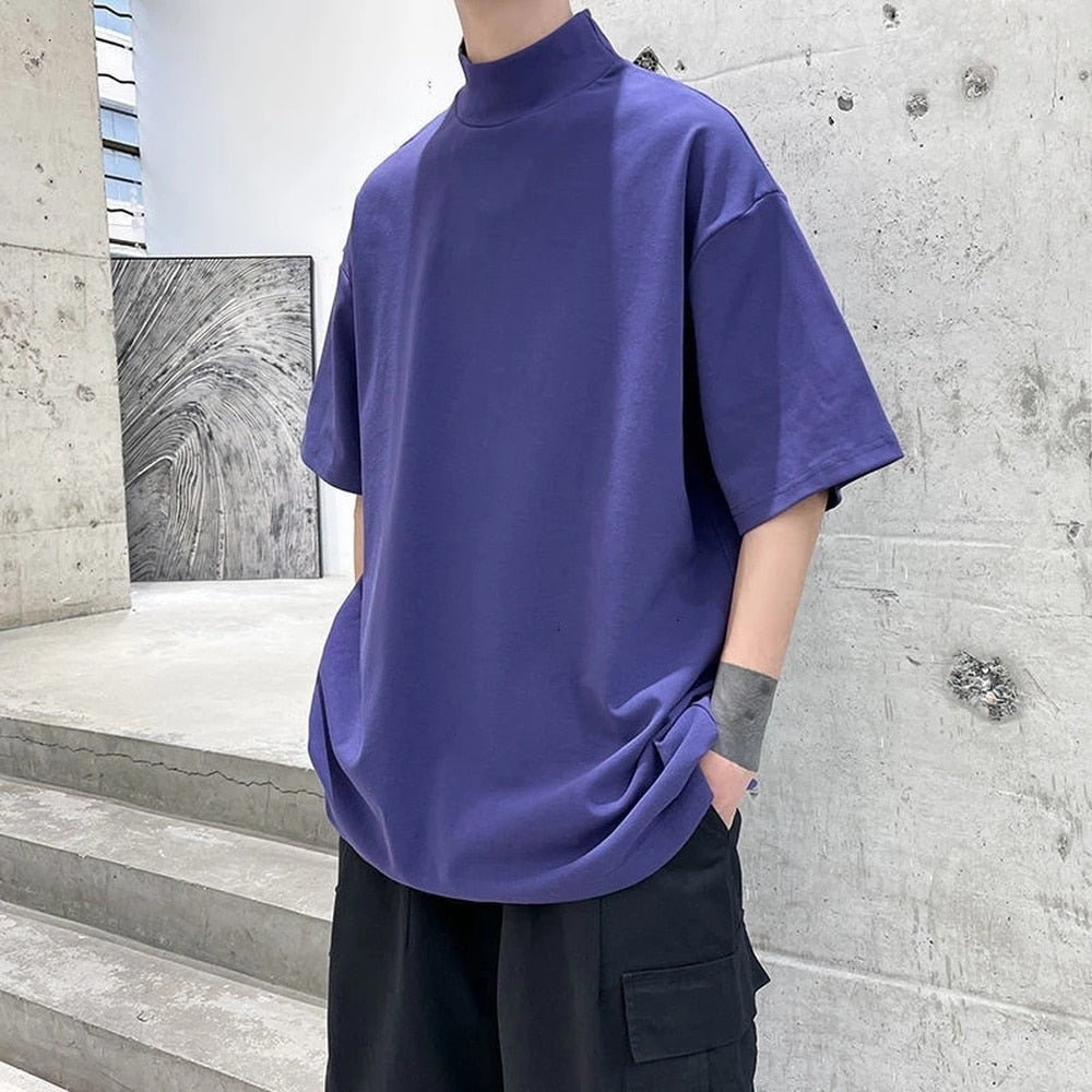 Mens Streetwear Turtleneck Tshirt Men Solid Color Male Oversized Hip Hop T Shirt Man Casual Short Sleeve T-shirts Tops Tees