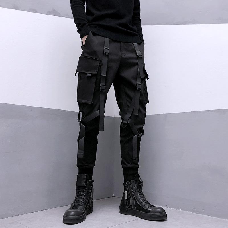 Techwear Black Cargo Pants for Men Cargo Trousers Male Japanese Streetwear Hip Hop Spring Ribbon Pocket Harajuku Fashion