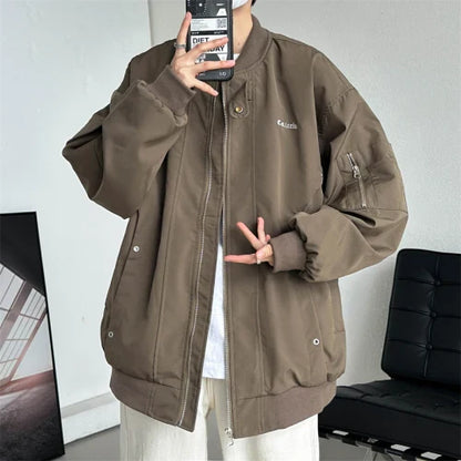 New American Simple Solid Color Zipper Bomber Jacket Men Autumn Retro Street Loose Motorcycle Jacket Baseball Uniform Coat