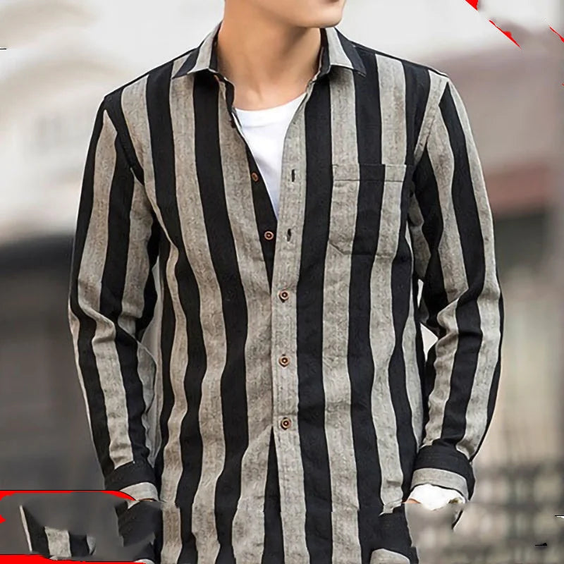 Spring Autumn New Fashion Striped Shirt Man Turn-down Collar Long Sleeve Single Breasted Cardigan High Street Contrast Color Top