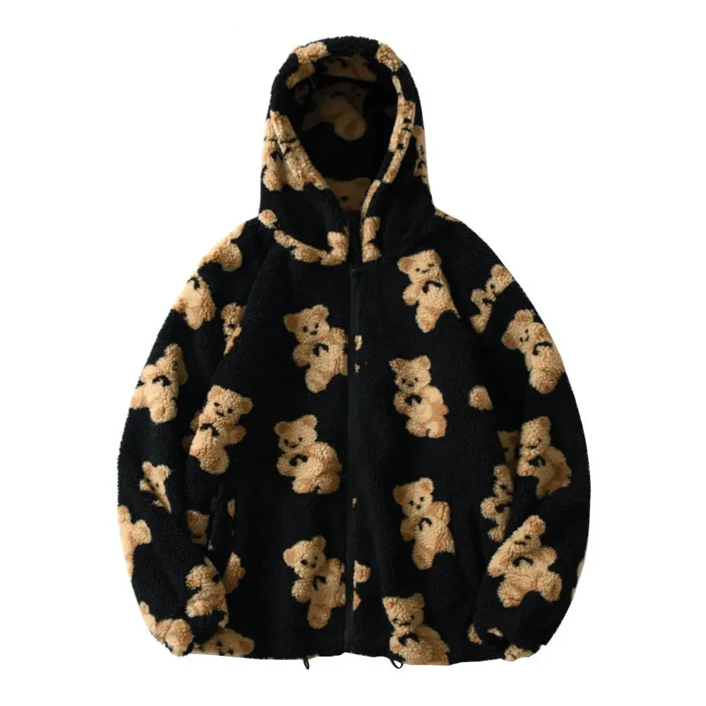 Fleece Hooded Jackets Streetwear Casual Harajuku Hip Hop Men Women Fashion Bear Print Full Zip Hooded Coat Tops Outwear