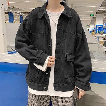 saferido Black Denim Short Jacket Men Jeans Jacket Coats Oversized Harajuku Denim Jeans Jacket Bomber Streetwear Man Clothing Outwear