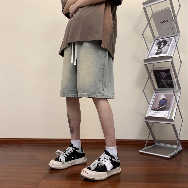 saferido Korean Style Summer Men's Black Wide Leg Denim Shorts New Fashion Casual Baggy Short Jeans Cargo Shorts Male Brand Clothes