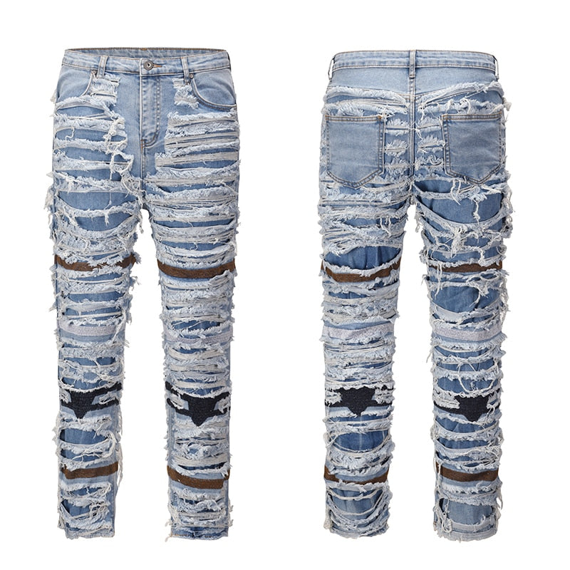 Retro Hole Ripped Distressed Jeans for Men Straight Washed Harajuku Hip Hop Loose Denim Trousers Vibe Style Casual Jean Pants