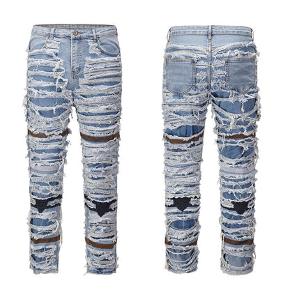 Retro Hole Ripped Distressed Jeans for Men Straight Washed Harajuku Hip Hop Loose Denim Trousers Vibe Style Casual Jean Pants