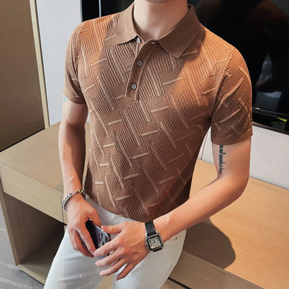 saferido Korean Style Men's Summer Hollow Out Knitting Polo Shirts/Male Slim Fit Plaid Fashion Casual Short Sleeve Polo Shirt S-4XL