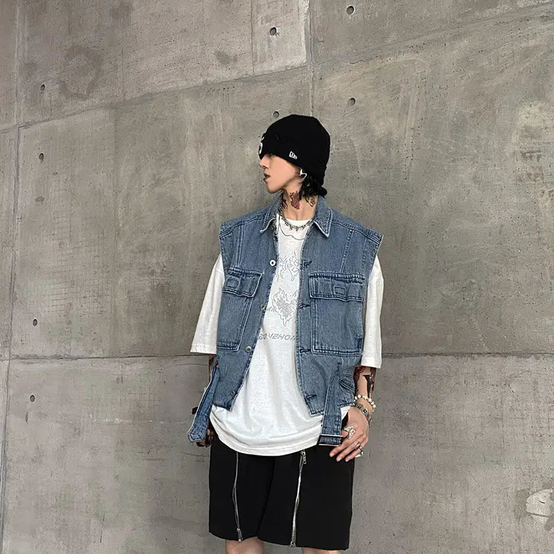 saferido Denim Vest Men's Jacket Fashion High Street Harajuku Y2K Sleeveless Tank Top Spring and Autumn Dark Coat