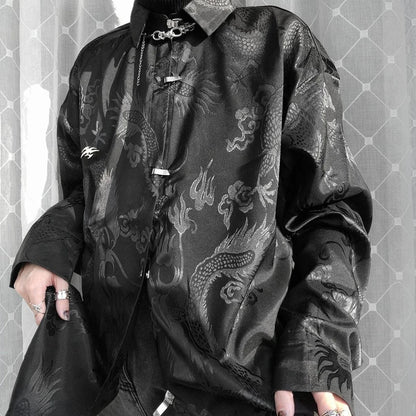 Vintage Harajuku Blouses Men Satin Shirt Dragon Totem Print Streetwear Button Up Long Sleeve Shirts Chinese Style Tops Unisex