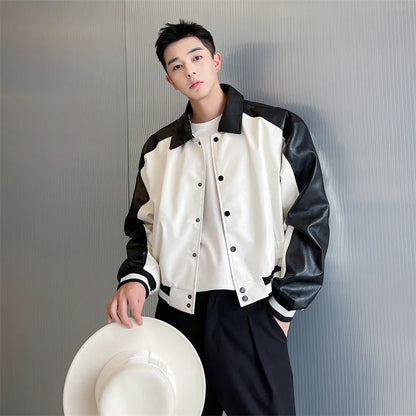 saferido Korean Street Dress Hip Hop Spring Autumn Black White Design Motorcycle Leather Men's Jacket Jacket Short Baseball Coat