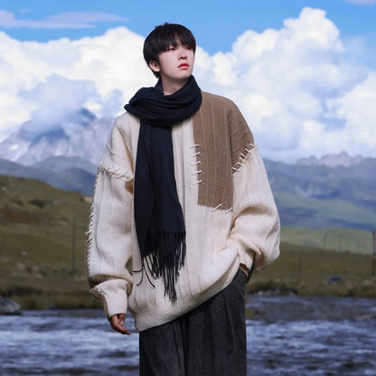 saferido  Knitted Sweater Men Pullover Oversize Sweaters Male Winter Harajuku Casual Streetwear Patchwork Autumn Hip Hop Spliced