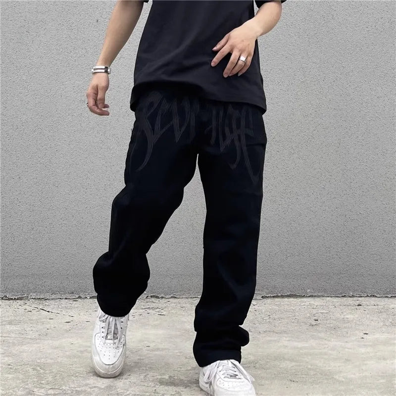 saferido Dark Black American Embroidery Fashion Brand Pants High Street Design Sense Embroidery Letter Loose Straight Leg Jeans for Men