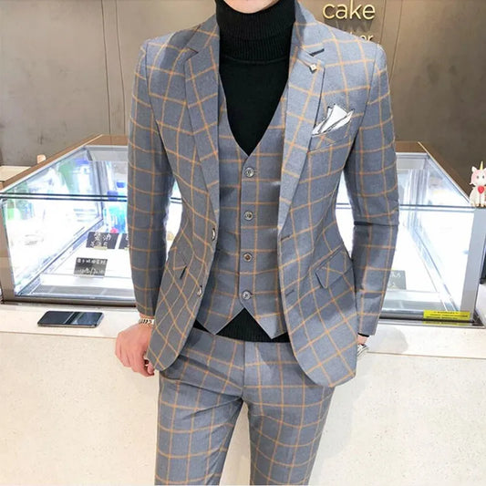 saferido (Jacket+Vest+Pants) Men Dress Suits British 3Piece Men Wedding Suit Autumn Men Business Formal Plaid Suit Male Luxury Slim Dress