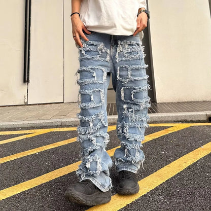 saferido Individualized patch jeans men  American high street hip-hop fried street beggar pants blue loose small crowd mopping