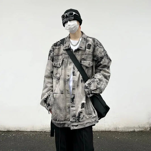 saferido Casual Tie Dyed Coat Men's Broken Hole High Street Harajuku Fashion Jacket Loose Korean Street Vintage Coat