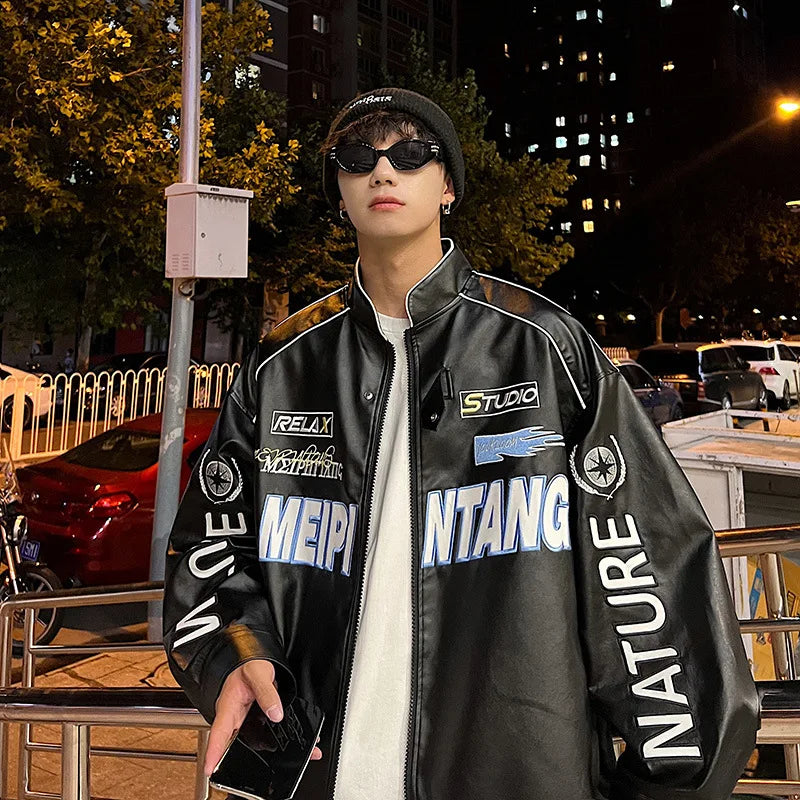 Spring PU Leather Motorcycle Jacket Men High Street Korean Letter Embroidery Bomber Coat Unisex Varsity Jacket Vintage Outwear